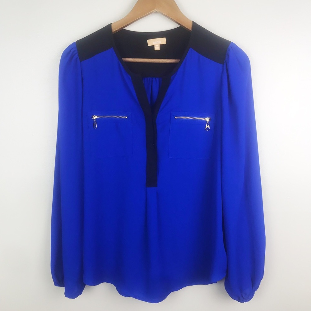 TAKARA Blouse Blue Black Semi Sheer Top Career Long Sleeve V Neck